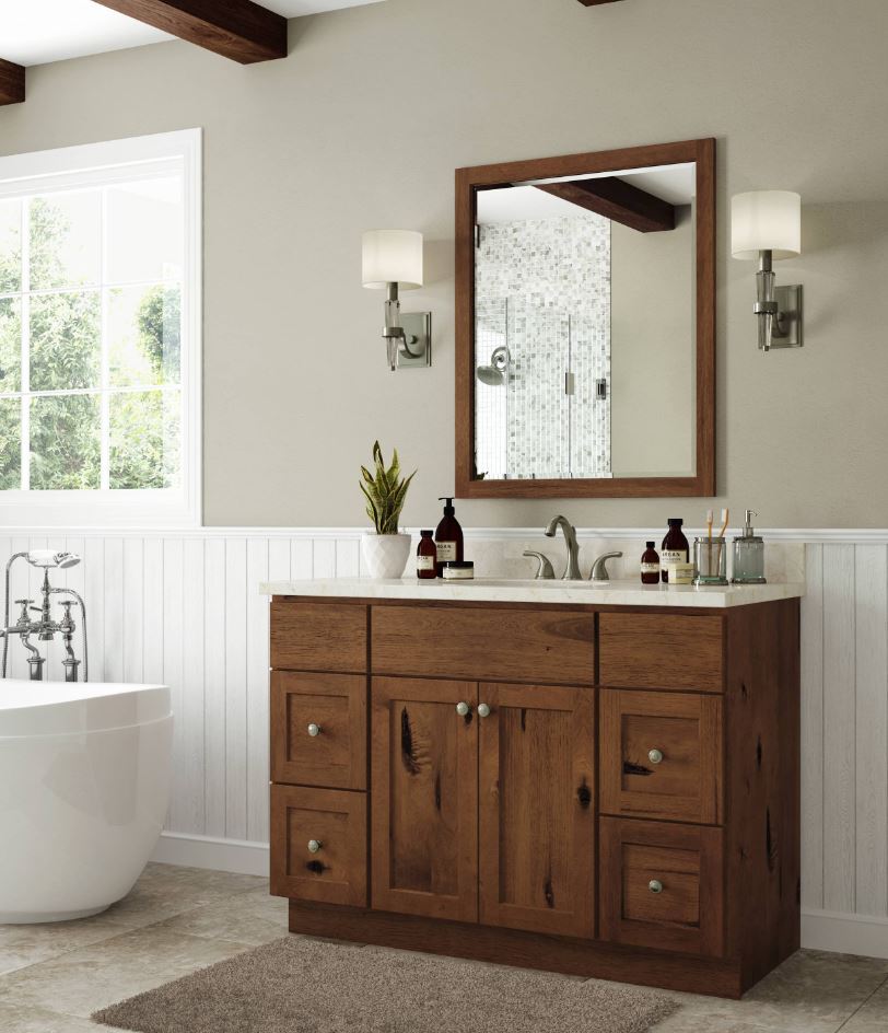 Rustic bathroom vanity with distressed wood cabinets