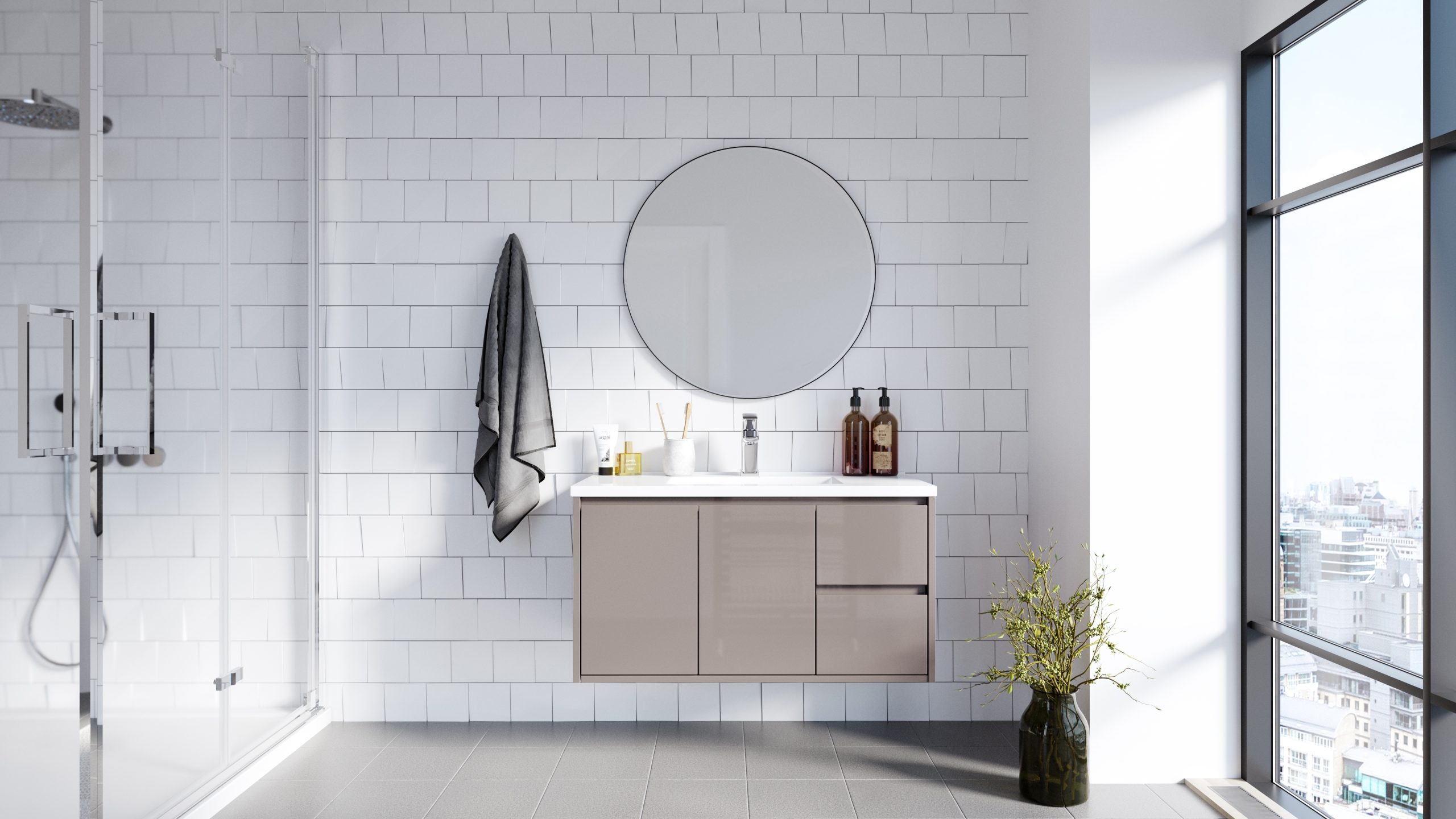 Sleek modern bathroom vanity with white countertop and storage drawers